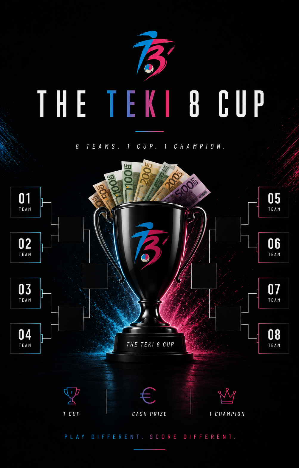 Cuadro de eliminación de la Teki 8 Cup con ocho equipos y el trofeo con premio en efectivo